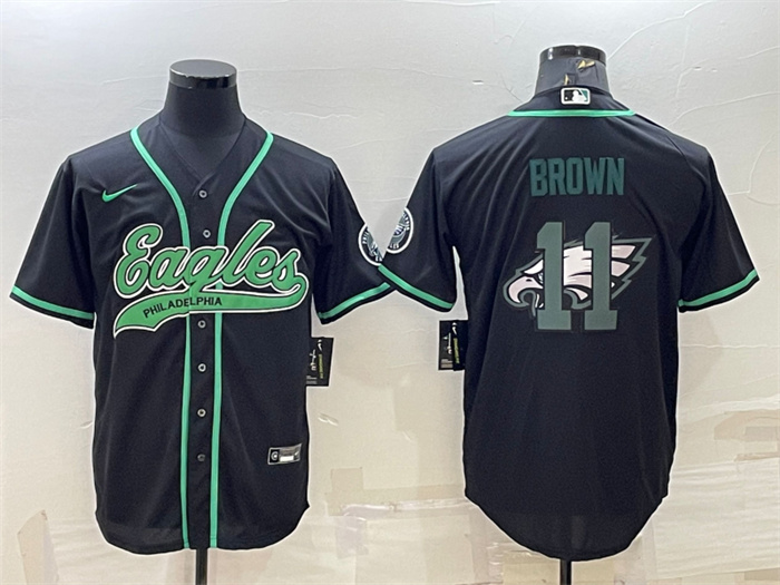 Personalized Men’s Philadelphia Eagles #11 A. J. Brown Black Team Big Logo With Patch Cool Base Stitched Baseball Jersey