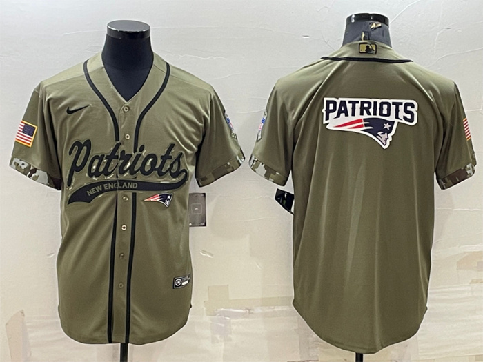 Personalized Men’s New England Patriots Olive Salute To Service Team Big Logo Cool Base Stitched Baseball Jersey