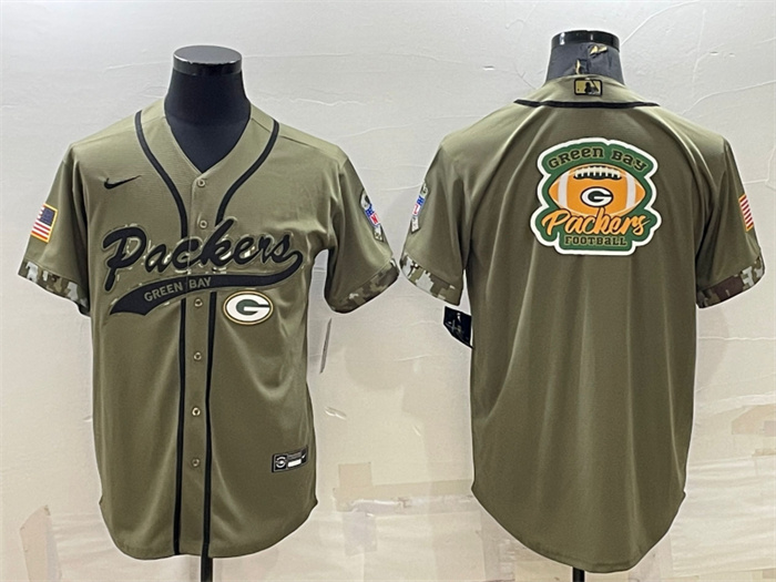 Personalized Men’s Green Bay Packers Olive Salute To Service Team Big Logo Cool Base Stitched Baseball Jersey