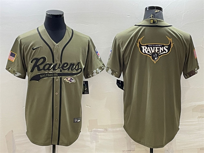 Personalized Men’s Baltimore Ravens Olive Salute To Service Team Big Logo Cool Base Stitched Baseball Jersey