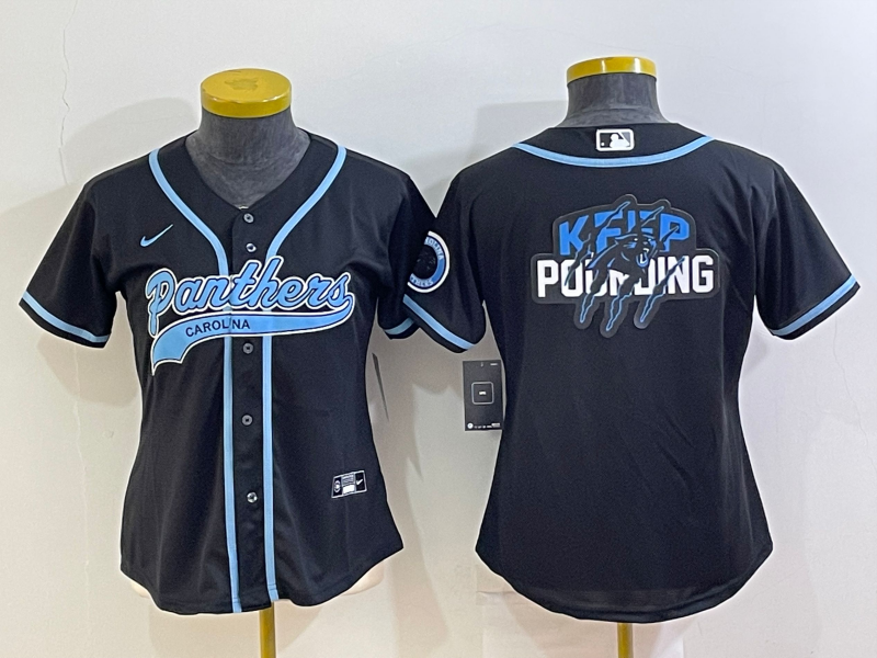 Personalized Women’s Carolina Panthers Black Team Big Logo With Patch Cool Base Stitched Baseball Jersey(Run Small)