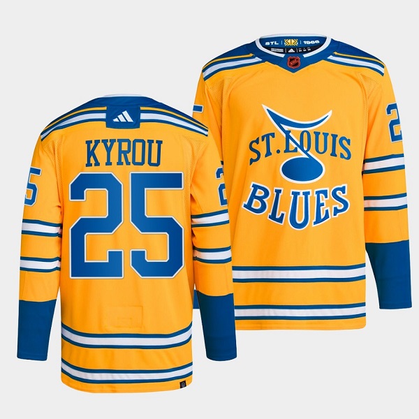 Personalized Men’s St. Louis Blues #25 Jordan Kyrou Yellow 2022-23 Reverse Retro Stitched Jersey