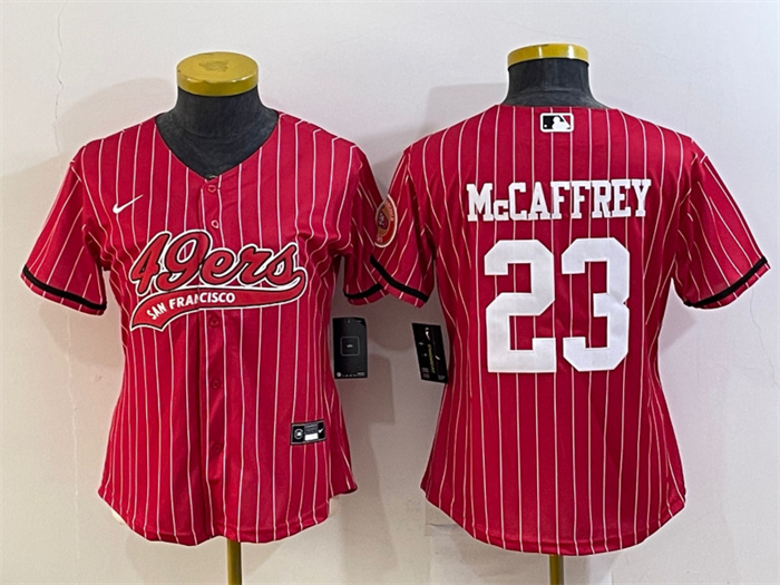 Personalized Women’s San Francisco 49ers #23 Christian McCaffrey Red With Patch Cool Base Stitched Baseball Jersey(Run Small)