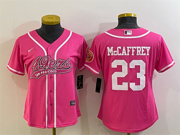 Personalized Women’s San Francisco 49ers #23 Christian McCaffrey Pink With Patch Cool Base Stitched Baseball Jersey(Run Small)