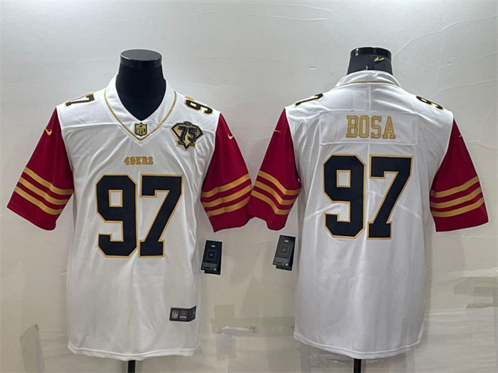 Personalized Men’s San Francisco 49ers #97 Nick Bosa White Gold With 75th Anniversary Patch Stitched Jersey