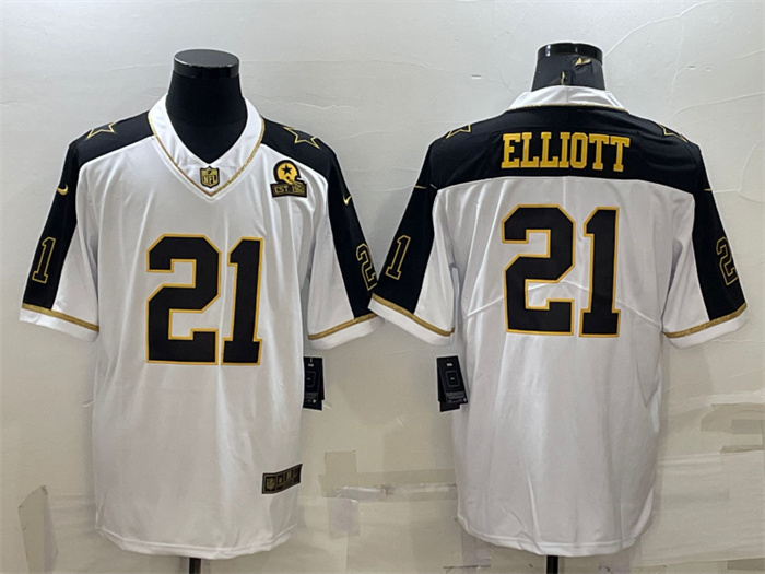 Personalized Men’s Dallas Cowboys #21 Ezekiel Elliott White Gold Edition With 1960 Patch Limited Stitched Football Jersey