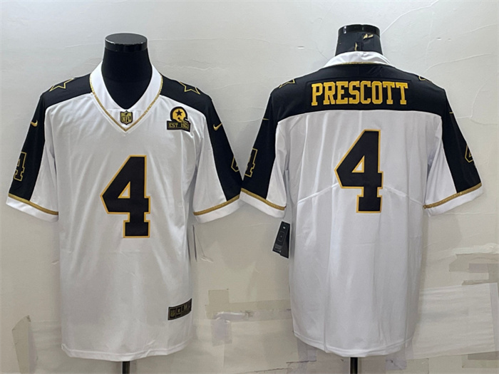 Personalized Men’s Dallas Cowboys #4 Dak Prescott White Gold With 1960 Patch Thanksgiving Untouchable Limited Stitched Football Jersey