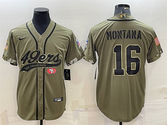 Personalized Men’s San Francisco 49ers #16 Joe Montana 2022 Olive Salute To Service Cool Base Stitched Baseball Jersey
