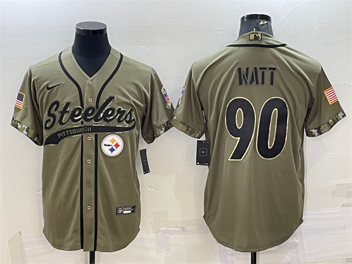 Personalized Men’s Pittsburgh Steelers #90 T.J. Watt Olive 2022 Salute To Service Cool Base Stitched Baseball Jersey
