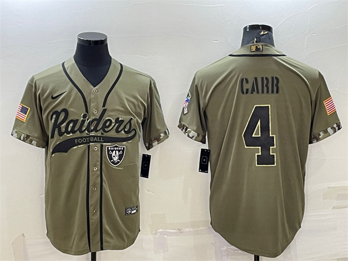 Personalized Men’s Las Vegas Raiders #4 Derek Carr 2022 Olive Salute To Service Cool Base Stitched Baseball Jersey