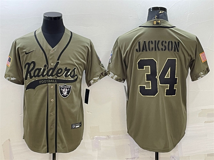 Personalized Men’s Las Vegas Raiders #34 Bo Jackson 2022 Olive Salute To Service Cool Base Stitched Baseball Jersey