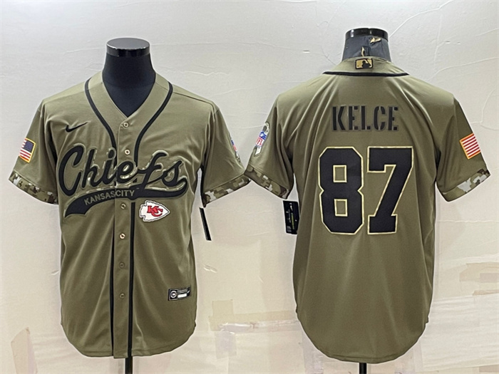 Personalized Men’s Kansas City Chiefs #87 Travis Kelce 2022 Olive Salute To Service Cool Base Stitched Baseball Jersey