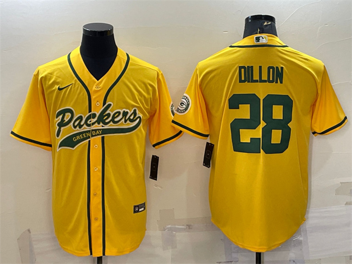 Personalized Men’s Green Bay Packers #28 A.J. Dillon Gold With Patch Cool Base Stitched Baseball Jersey