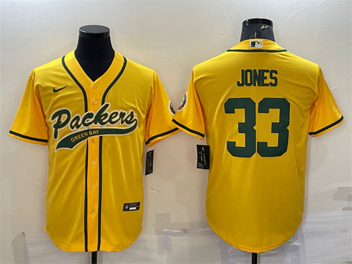 Personalized Men’s Green Bay Packers #33 Aaron Jones Gold With Patch Cool Base Stitched Baseball Jersey