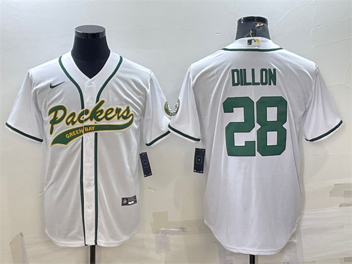 Personalized Men’s Green Bay Packers #28 A.J. Dillon White With Patch Cool Base Stitched Baseball Jersey