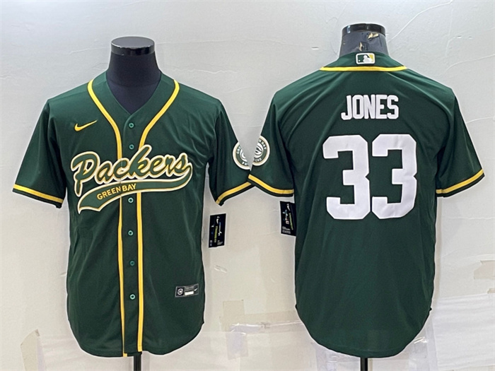 Personalized Men’s Green Bay Packers #33 Aaron Jones Green With Patch Cool Base Stitched Baseball Jersey