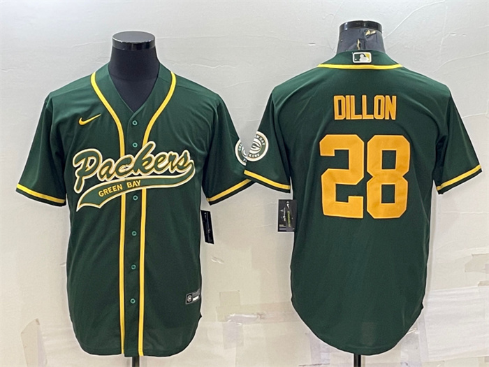 Personalized Men’s Green Bay Packers #28 A.J. Dillon Green Gold With Patch Cool Base Stitched Baseball Jersey