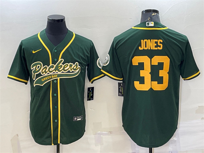 Personalized Men’s Green Bay Packers #33 Aaron Jones Green Gold With Patch Cool Base Stitched Baseball Jersey