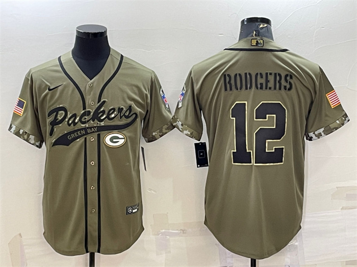 Personalized Men’s Green Bay Packers #12 Aaron Rodgers Olive 2022 Salute To Service Cool Base Stitched Baseball Jersey