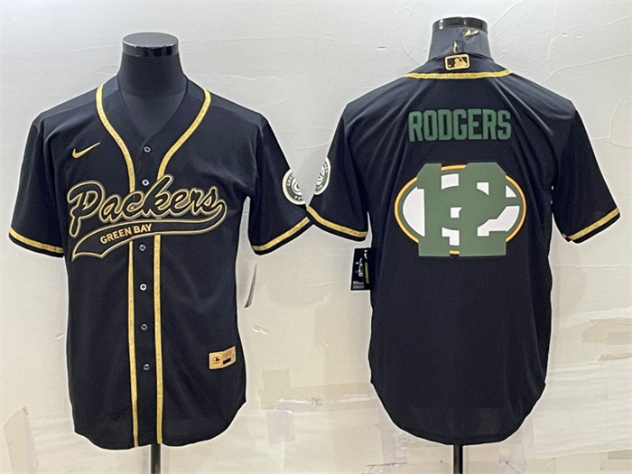 Personalized Men’s Green Bay Packers #12 Aaron Rodgers Black Team Big Logo With Patch Cool Base Stitched Baseball Jersey