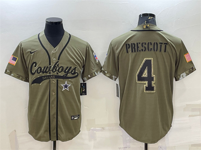 Personalized Men’s Dallas Cowboys #4 Dak Prescott 2022 Olive Salute To Service Cool Base Stitched Baseball Jersey