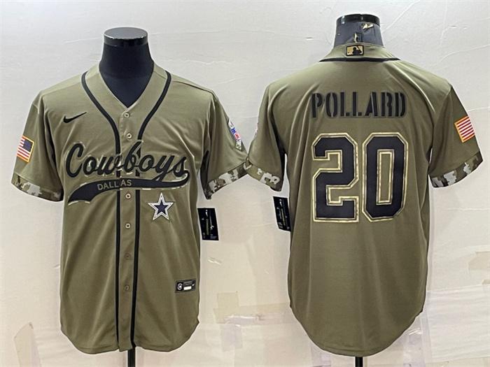 Personalized Men’s Dallas Cowboys #20 Tony Pollard 2022 Olive Salute To Service Cool Base Stitched Baseball Jersey