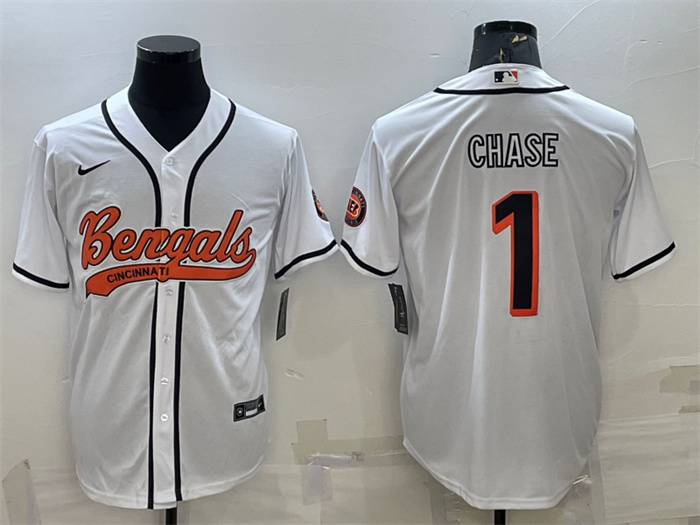 Personalized Men’s Cincinnati Bengals #1 Ja’Marr Chase White With Patch Cool Base Stitched Baseball Jersey