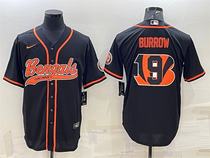 Personalized Men’s Cincinnati Bengals #9 Joe Burrow Black Team Big Logo With Patch Cool Base Stitched Baseball Jersey