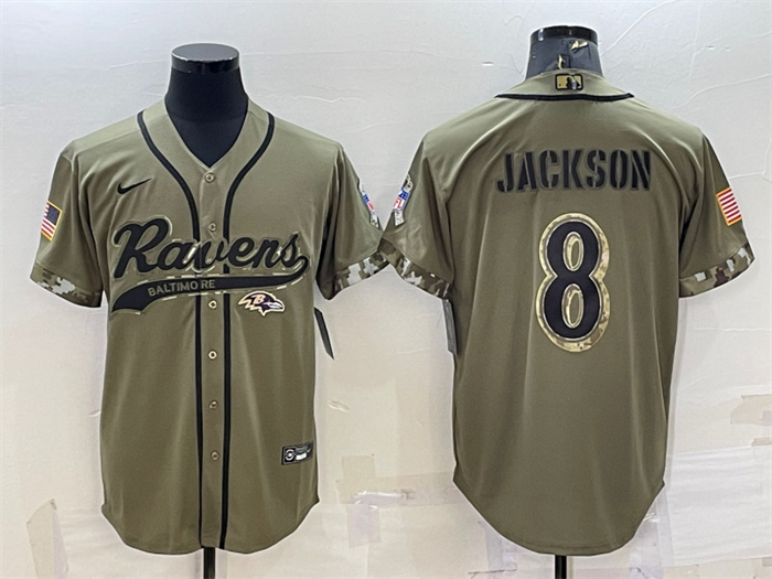 Personalized Men’s Baltimore Ravens #8 Lamar Jackson Olive 2022 Salute To Service Cool Base Stitched Baseball Jersey