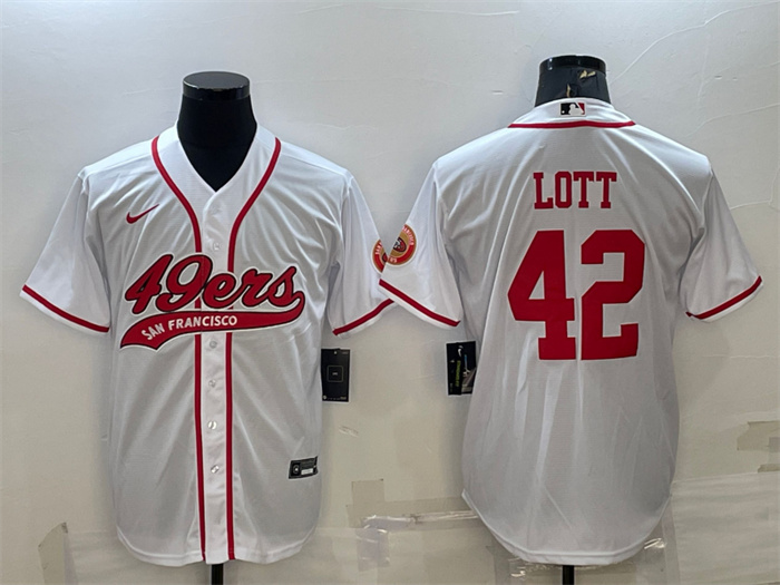 Personalized Men’s San Francisco 49ers #42 Ronnie Lott White With Patch Cool Base Stitched Baseball Jersey