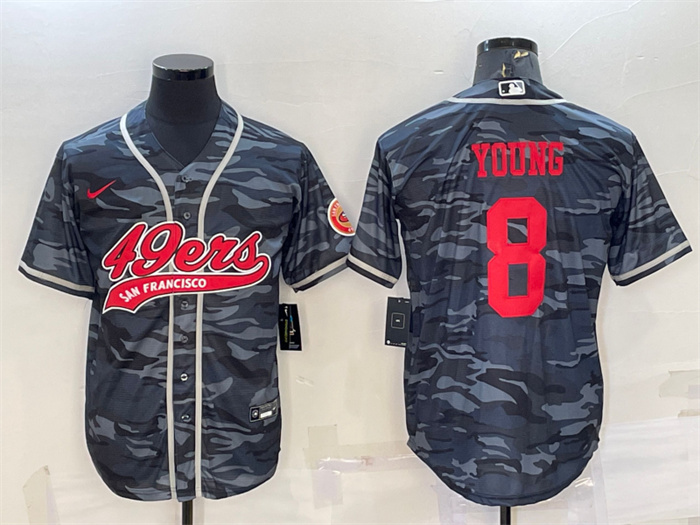 Personalized Men’s San Francisco 49ers #8 Steve Young Grey Red Camo With Patch Cool Base Stitched Baseball Jersey