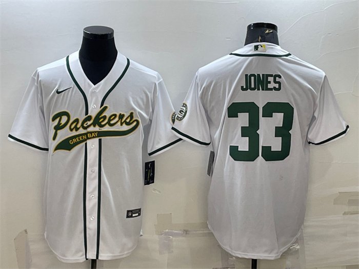 Personalized Men’s Green Bay Packers #33 Aaron Jones White With Patch Cool Base Stitched Baseball Jersey