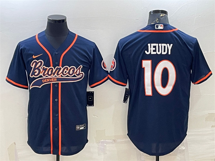 Personalized Men’s Denver Broncos #10 Jerry Jeudy Navy With Patch Cool Base Stitched Baseball Jersey