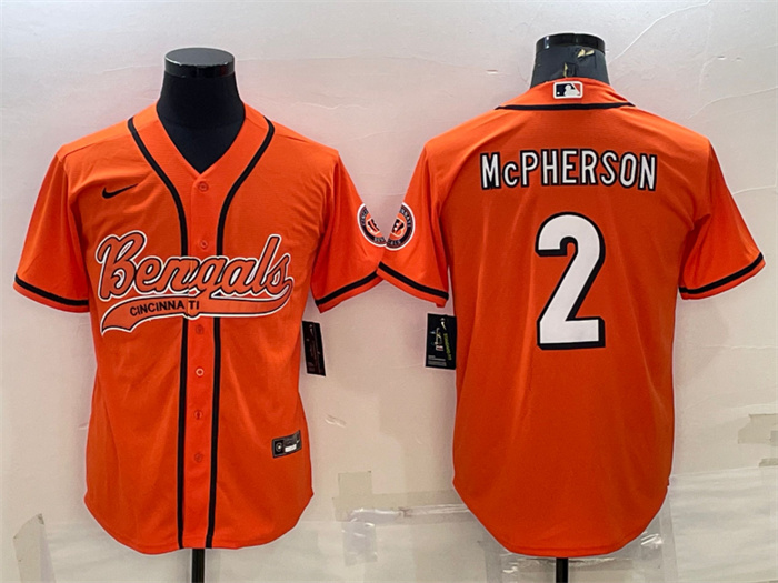 Personalized Men’s Cincinnati Bengals #2 Evan McPherson Orange With Patch Cool Base Stitched Baseball Jersey