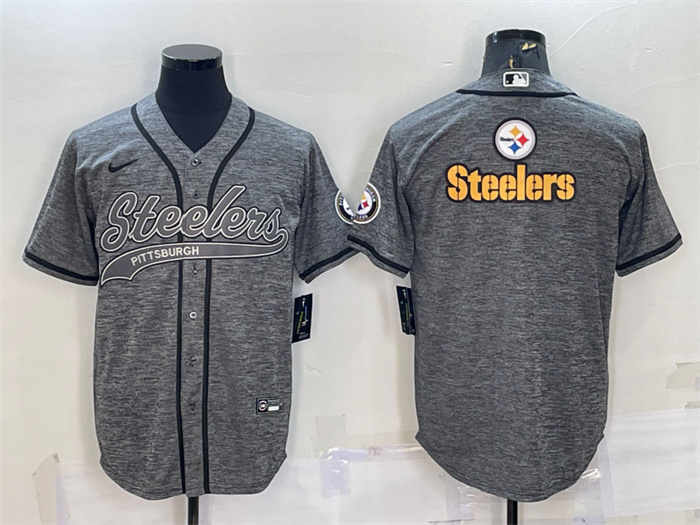 Personalized Men’s Pittsburgh Steelers Grey Team Big Logo With Patch Cool Base Stitched Baseball Jersey