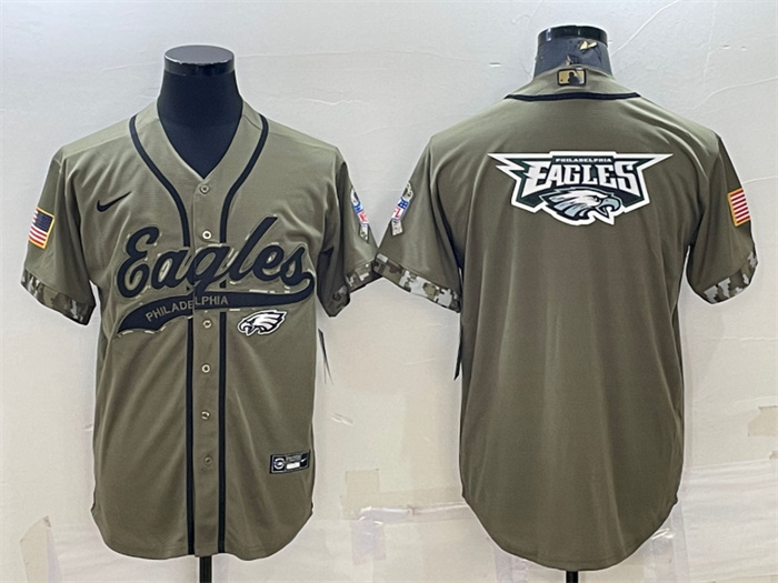Personalized Men’s Philadelphia Eagles Olive 2022 Salute To Service Team Big Logo Cool Base Stitched Baseball Jersey