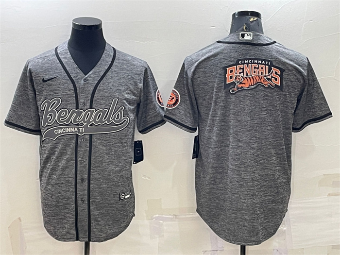 Personalized Men’s Cincinnati Bengals Grey Team Big Logo With Patch Cool Base Stitched Baseball Jersey