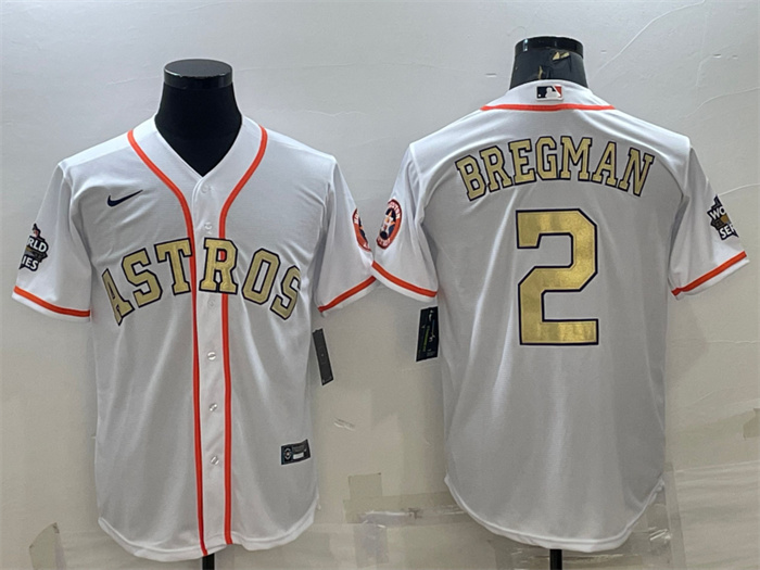 Personalized Men’s Houston Astros #2 Alex Bregman White Gold 2022 World Series Stitched Baseball Jersey