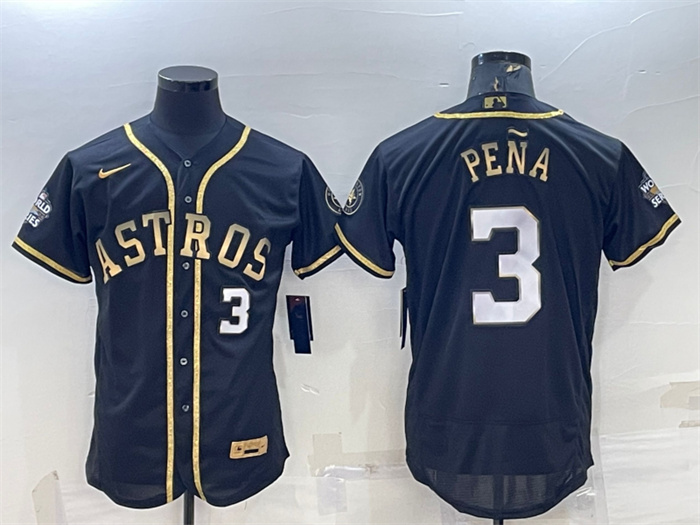 Personalized Men’s Houston Astros #3 Jeremy Peña Black Gold 2022 World Series Flex Base Stitched Jersey
