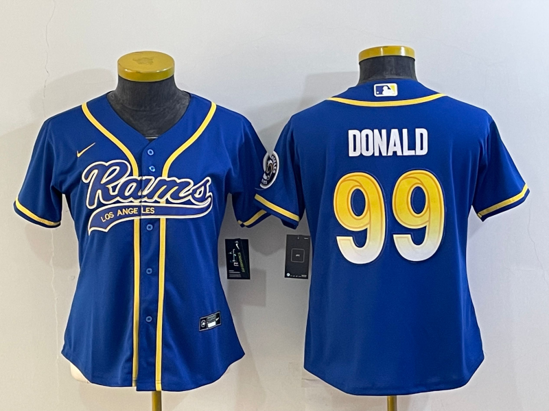 Personalized Women’s Los Angeles Rams #99 Aaron Donald Royal With Patch Cool Base Stitched Baseball Jersey(Run Small)