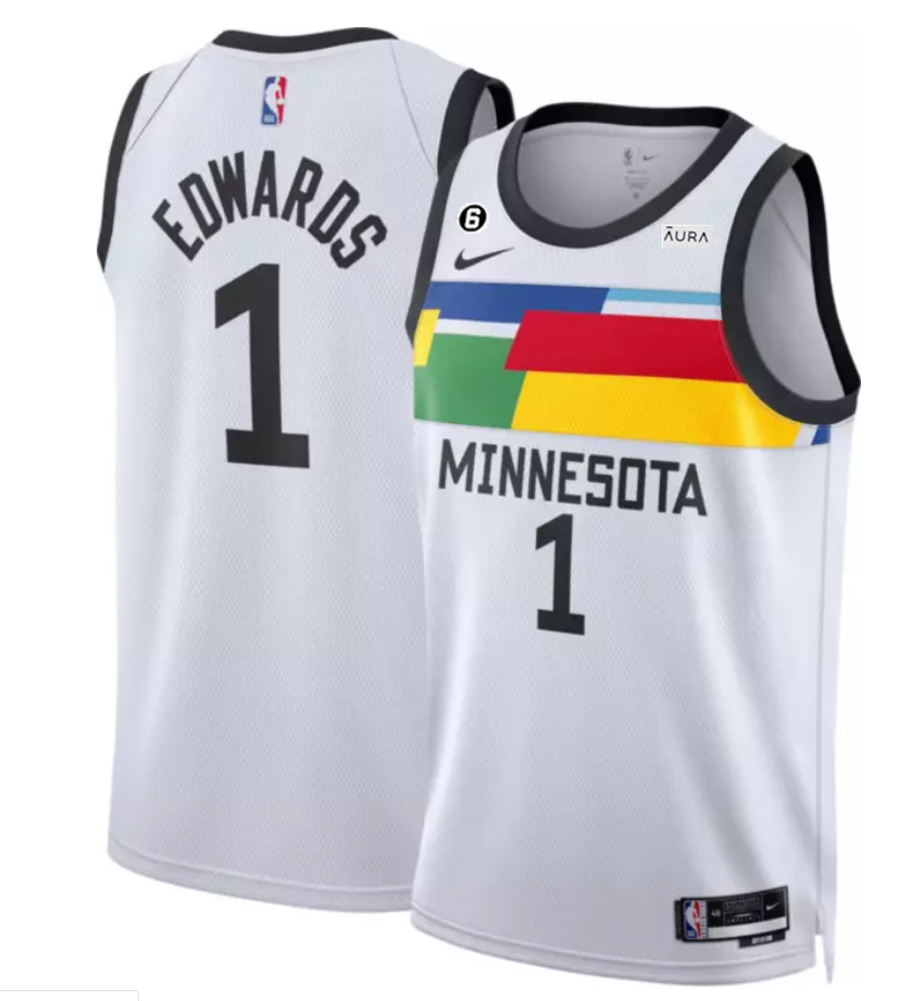 Personalized Men’s Minnesota Timberwolves #1 Anthony Edwards White 2022 23 City Edition With NO.6 Patch Stitched Jersey