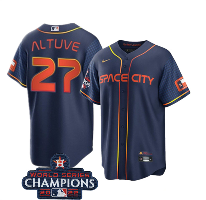 Personalized Youth Houston Astros #27 Jose Altuve Navy 2022 World Series Champions City Connect Stitched BaseballJersey