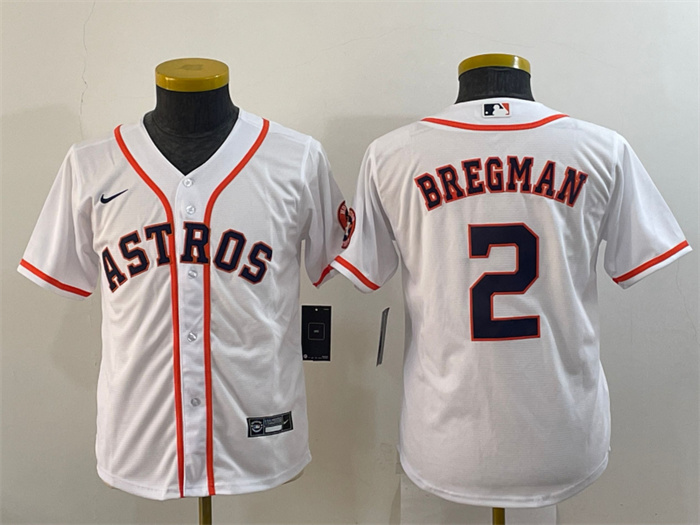 Personalized Youth Houston Astros #2 Alex Bregman White With Patch Cool Base Stitched Jerseys