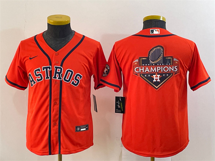 Personalized Youth Houston Astros Orange 2022 World Series Champions Team Big Logo With Patch Cool Base Stitched Jersey