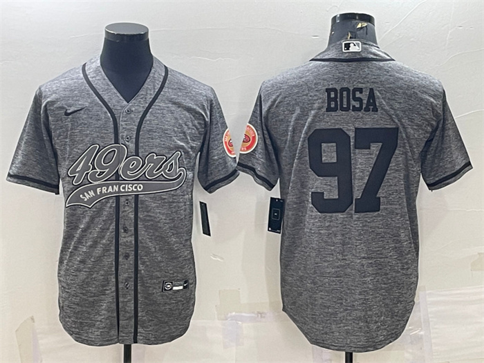 Personalized Men’s San Francisco 49ers #97 Nick Bosa Grey With Patch Cool Base Stitched Baseball Jersey