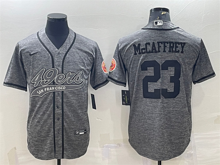 Personalized Men’s San Francisco 49ers #23 Christian McCaffrey Grey With Patch Cool Base Stitched Baseball Jersey