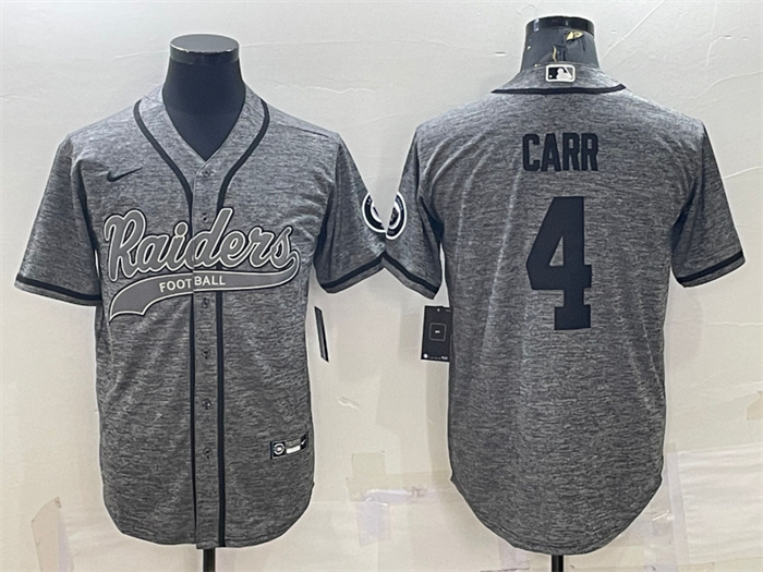 Personalized Men’s Las Vegas Raiders #4 Derek Carr Grey With Patch Cool Base Stitched Baseball Jersey