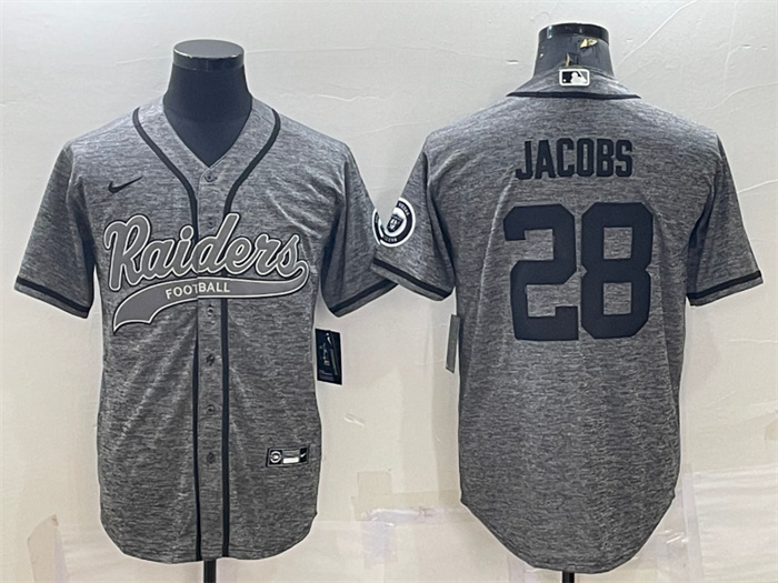 Personalized Men’s Las Vegas Raiders #28 Josh Jacobs Grey With Patch Cool Base Stitched Baseball Jersey