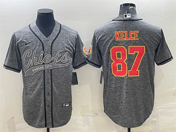 Personalized Men’s Kansas City Chiefs #87 Travis Kelce Grey With Patch Cool Base Stitched Baseball Jersey