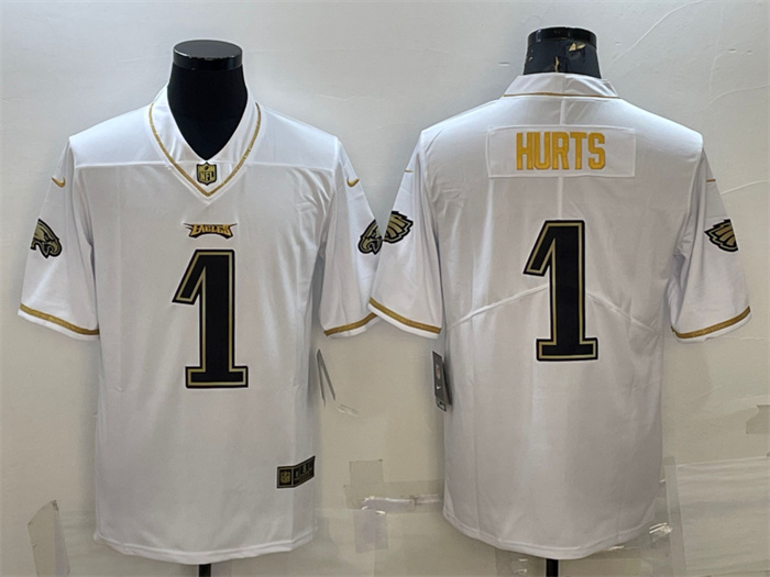 Personalized Men’s Philadelphia Eagles #1 Jalen Hurts White Gold Limited Stitched Jersey